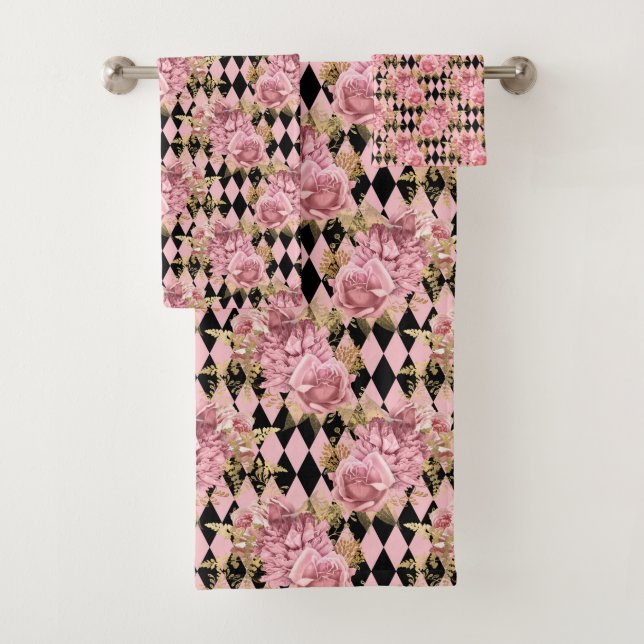 Pink Roses on Black Harlequin Bath Towel Set (Insitu)