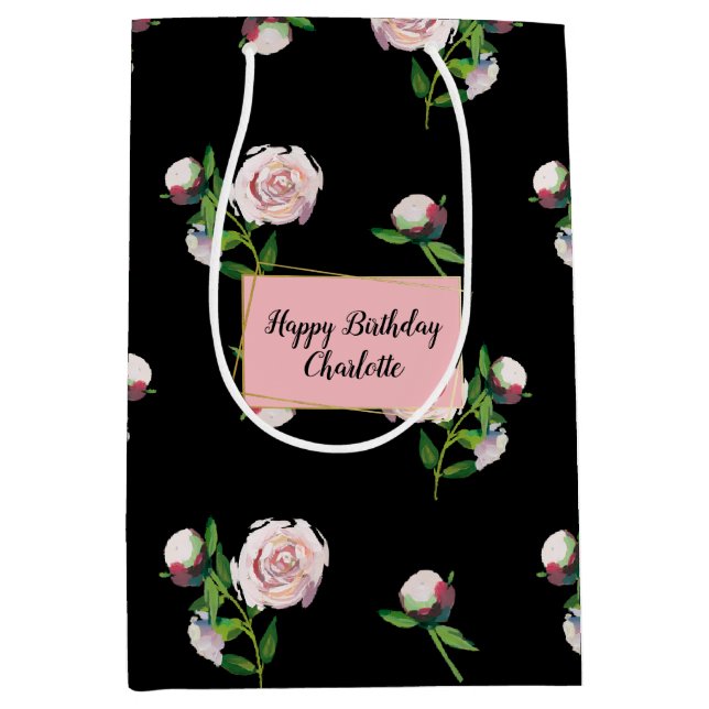 Pink Roses on Black Medium Gift Bag (Front)