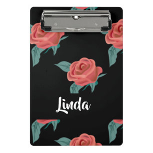 Pink roses on black mini clipboard