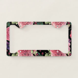 PInk roses on black Pattern License Plate Frame