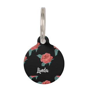 Pink roses on black pet ID tag