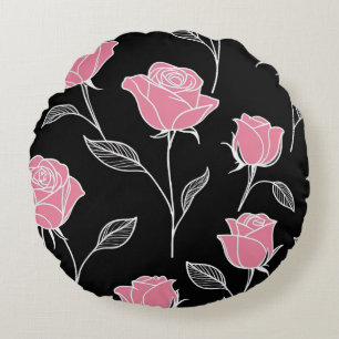 Pink roses on black round pillow