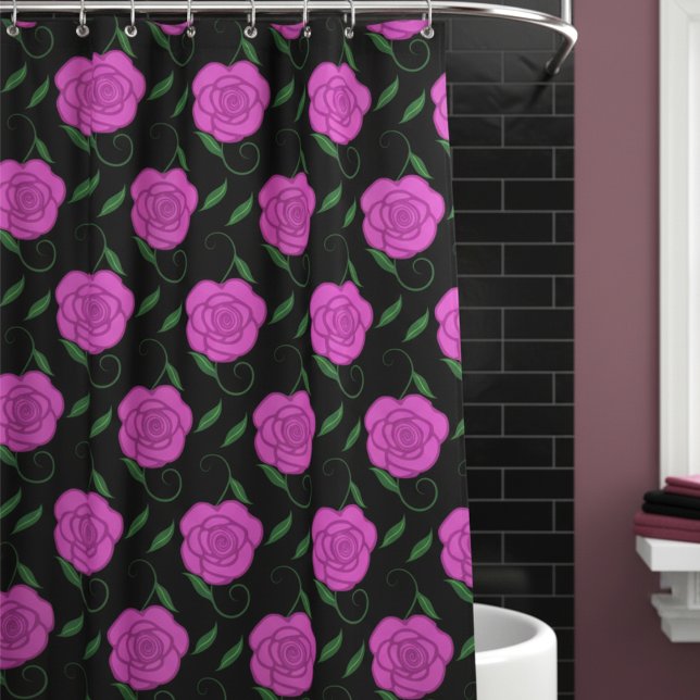 Pink Roses On Black Shower Curtain (Soft, romantic & feminine. Pink roses on black will make your bathroom romantically beautiful.)