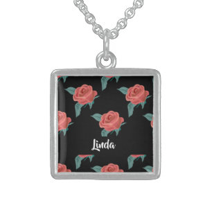 Pink roses on black sterling silver necklace