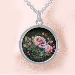 Pink Roses on black  Sterling Silver Necklace<br><div class="desc">Pink Roses on black background necklace Check this beautiful Pink Roses black background Necklace that you can personalize by updating your name. These pretty Watercolor Pink flowers on the Black background are on many other products and if you want to see the matching product visit the Pink Flowers on Black...</div>