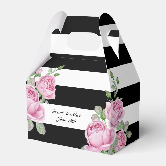 Pink Roses on Black Stripes Custom Favor Boxes (Front Side)