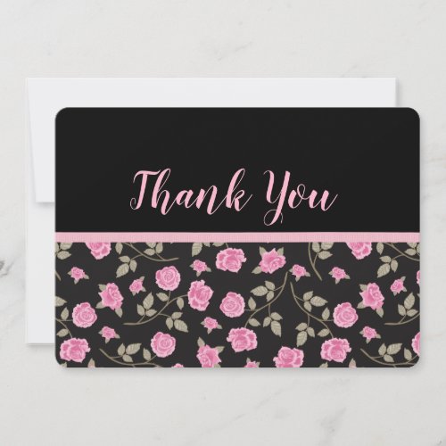 Pink Roses on Black Thank You Card