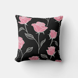 Pink roses on black throw pillow