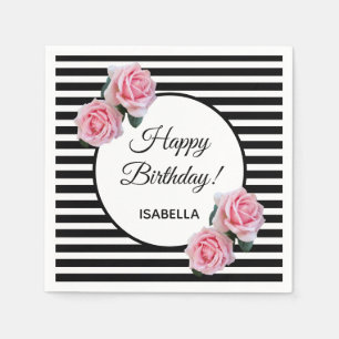Pink roses on black white stripes Happy Birthday Napkins