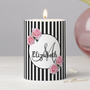 Pink roses on black white stripes monogram name pillar candle