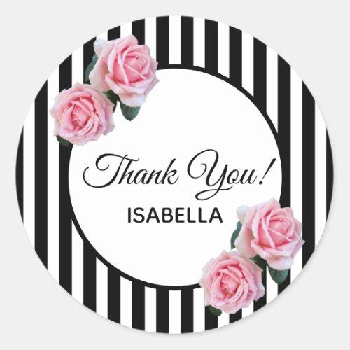 Pink roses on black white stripes Thank You Classic Round Sticker