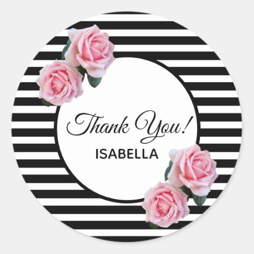 Pink roses on black white stripes Thank You Classic Round Sticker