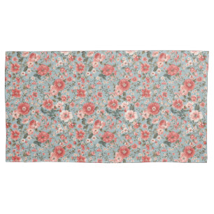 Pink Roses on Blue English Cottage Pillow Case