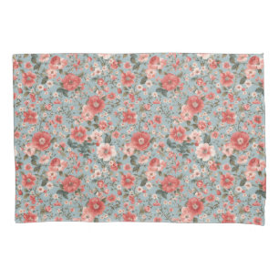 Pink Roses on Blue English Cottage Pillow Case