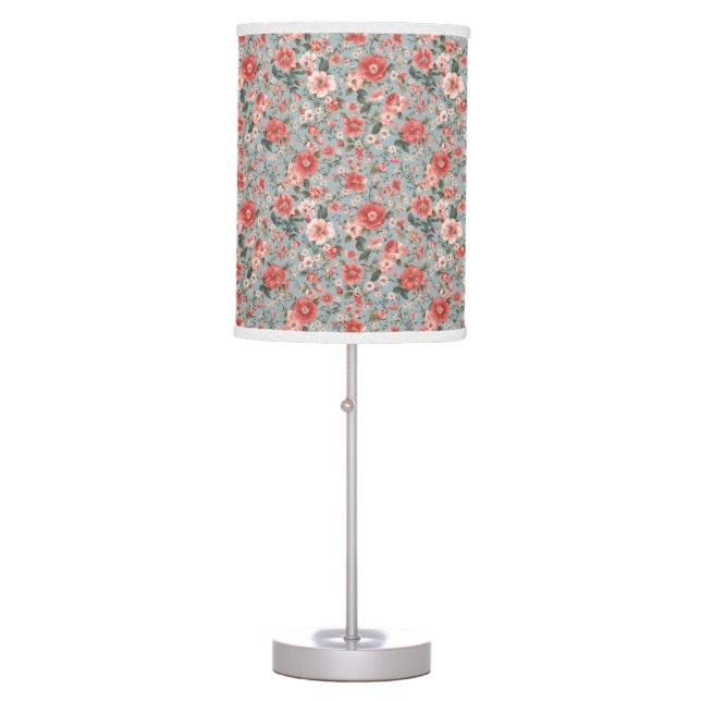 Pink Roses on Blue English Cottage Table Lamp (Front)