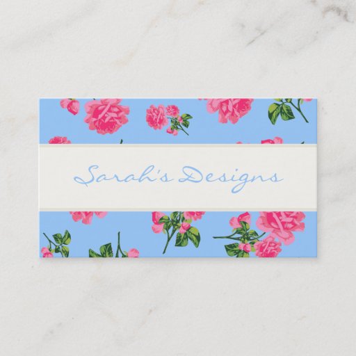Customizable Pink Roses on blue Floral Business Cards
