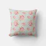 Pink Roses On Blue Polka Dot Vintage Shabby Chic Throw Pillow at Zazzle