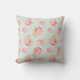 Pink Roses on Blue Polka Dot Vintage Shabby Chic Throw Pillow