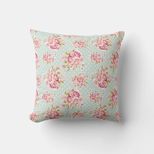 Pink Roses on Blue Polka Dot Vintage Shabby Chic Throw Pillow