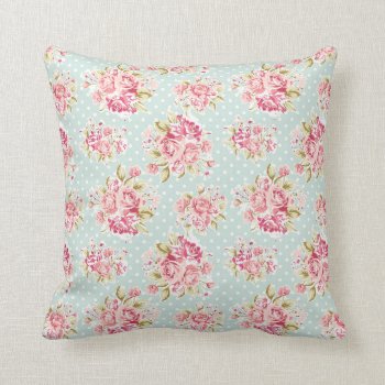 Pink Roses On Blue Polka Dot Vintage Shabby Chic Throw Pillow by Pretty_Vintage at Zazzle