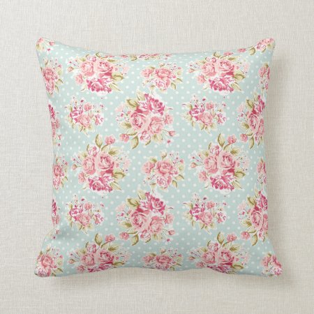 Pink Roses On Blue Polka Dot Vintage Shabby Chic Throw Pillow