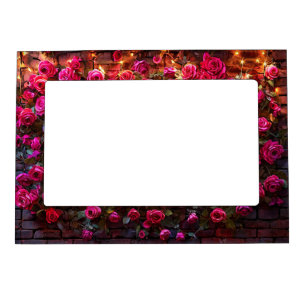Pink Roses on Brick Wall with Decorative Lights Magnetic Frame