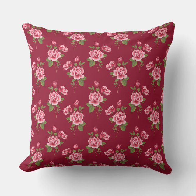 Pink Roses on Burgundy, Throw Pillow 20" x 20" (Front)