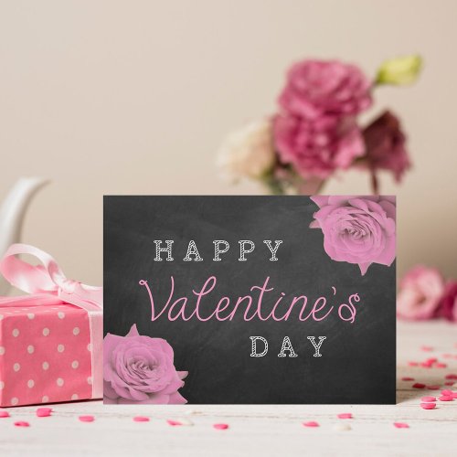 Pink Roses On Chalkboard Happy Valentines Day Holiday Card