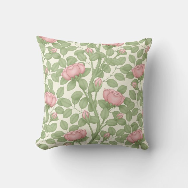 Pink Roses on cream Throw Pillow (Front)