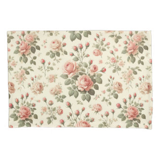 Pink Roses on Cream Vintage Pillow Case