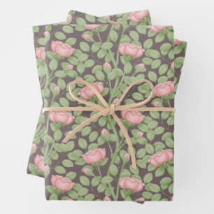 Pink Roses on dark plum Wrapping Paper Sheets