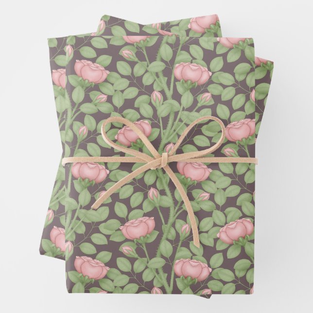 Pink Roses on dark plum Wrapping Paper Sheets (In situ)