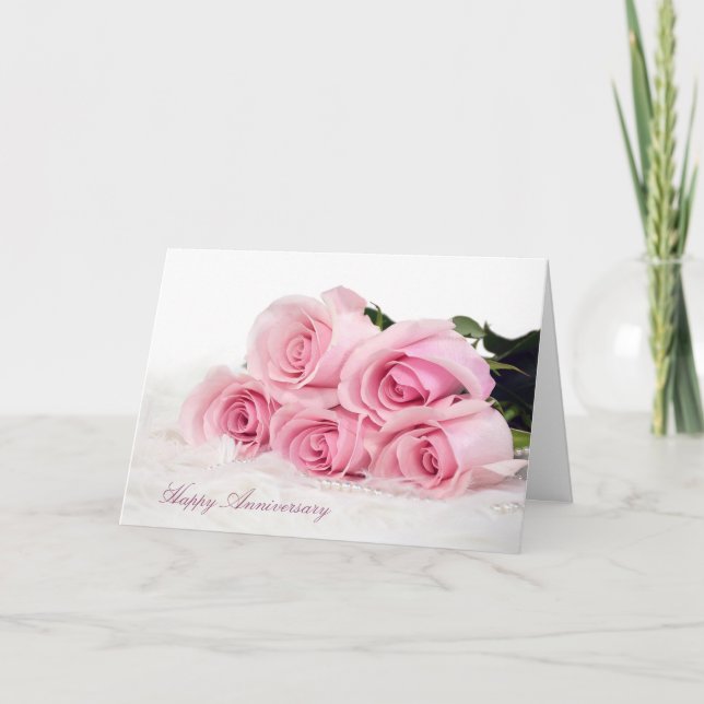 Pink Roses on Fur Anniversary Card (Front)