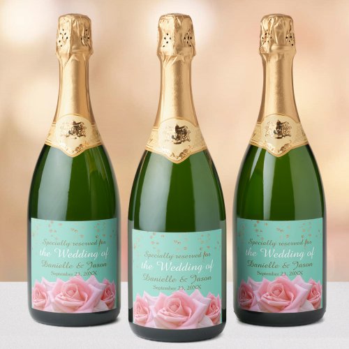 Pink Roses on Glitzy Aqua Sparkling Wine Label