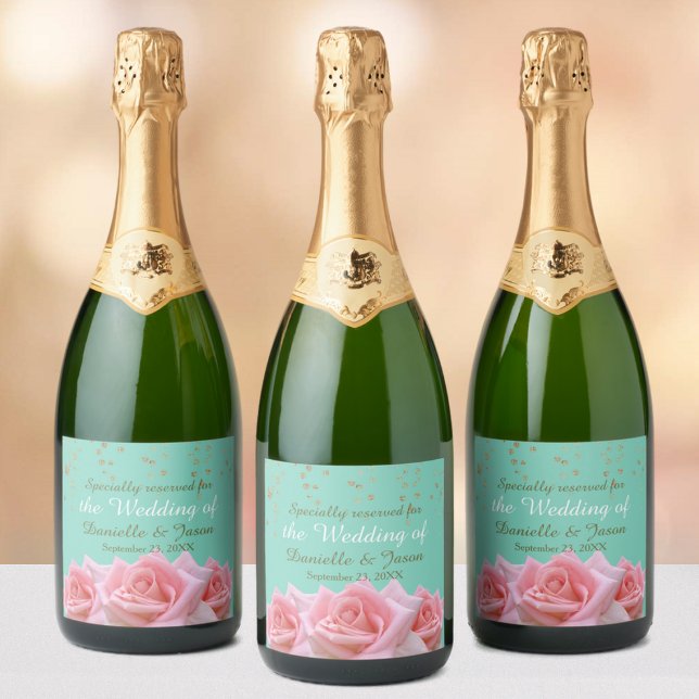 Pink Roses on Glitzy Aqua Sparkling Wine Label (Creator Uploaded)