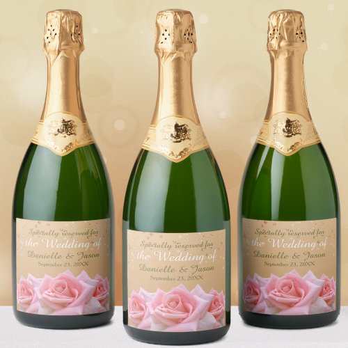 Pink Roses on Glitzy Gold Sparkling Wine Label