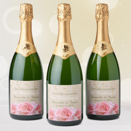 Pink Roses on Glitzy Pale Taupe Champagne Label