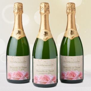 Pink Roses on Glitzy Pale Taupe Sparkling Wine Lab Label