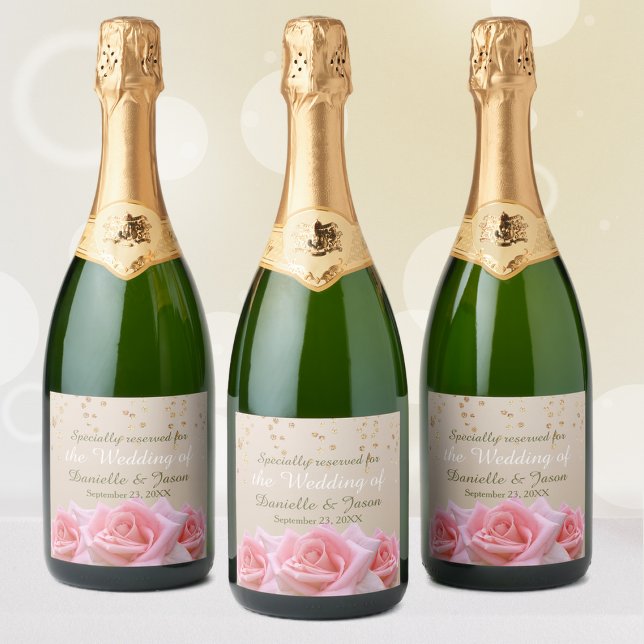 Pink Roses on Glitzy Pale Taupe Sparkling Wine Lab Label (Creator Uploaded)