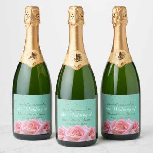 Pink Roses on Glitzy Pearl Aqua Champagne Label