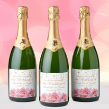 Pink Roses on Glitzy White Sparkling Wine Label