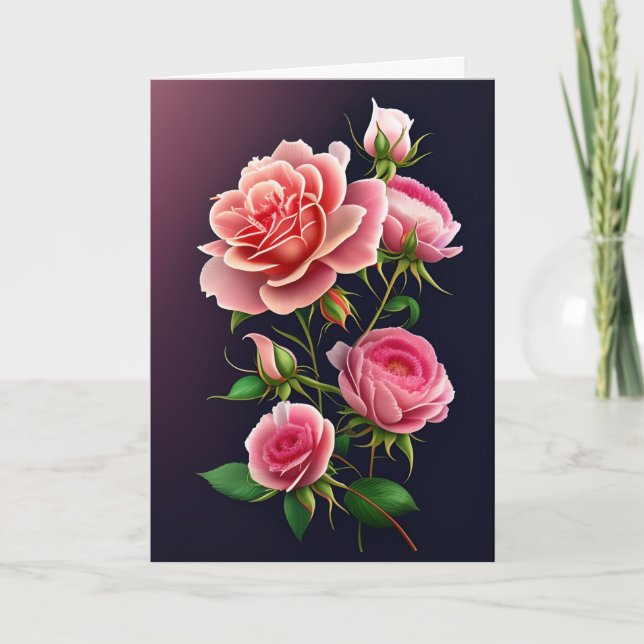 Pink Roses on Gradient Purple Background Valentine Card (Front)
