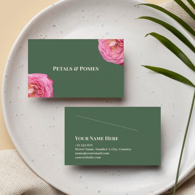Pink Roses On Green Background Simple Elegant Business Card (Creator Uploaded)