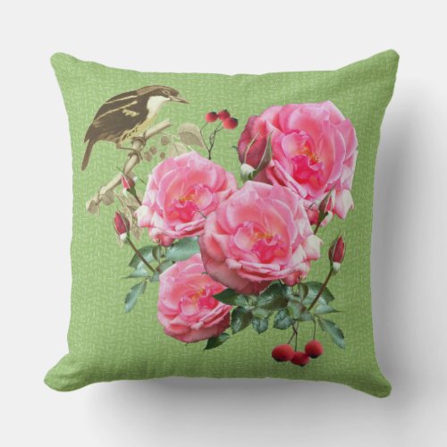 Pink Roses on Green Nature Throw Pillow