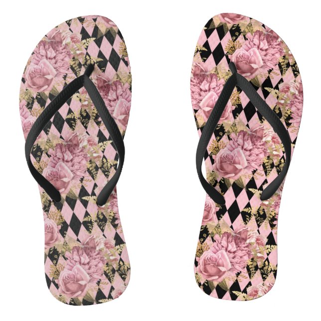 Pink Roses on Harlequin Flip Flops (Footbed)