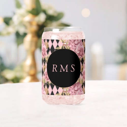 Pink Roses on Harlequin Monogram   Can Glass