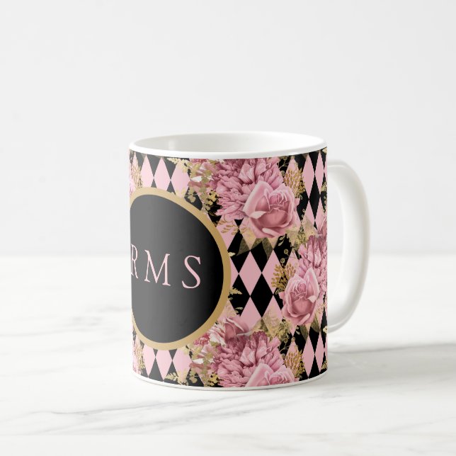 Pink Roses on Harlequin Monogram   Coffee Mug (Front Right)