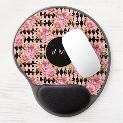 Pink Roses on Harlequin Monogram  Gel Mouse Pad