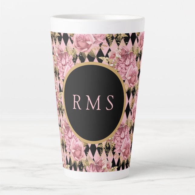 Pink Roses on Harlequin Monogram Latte Mug (Front)