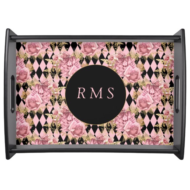 Pink Roses on Harlequin Monogram  Serving Tray (Front)